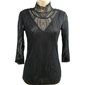 Free People Black Lace Mock‎ Neck Top XS Sheer Boho Gothic Layering